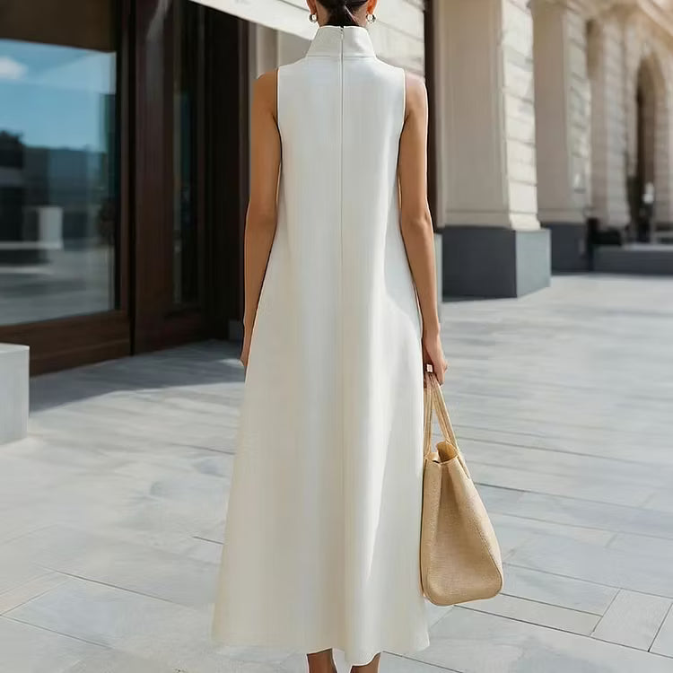 Vestido Midi Elegante Sin Mangas Con Cuello Mao Y Color Sólido