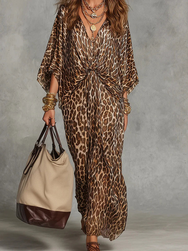 Vestido Maxi Estampado Leopardo Con Escote En V Y Manga Larga