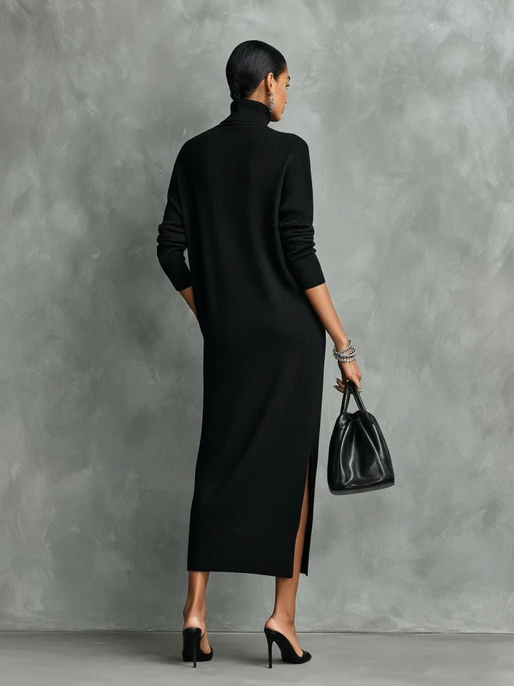 Nora | Vestido Midi De Punto Negro Con Cuello Alto Y Mangas Largas