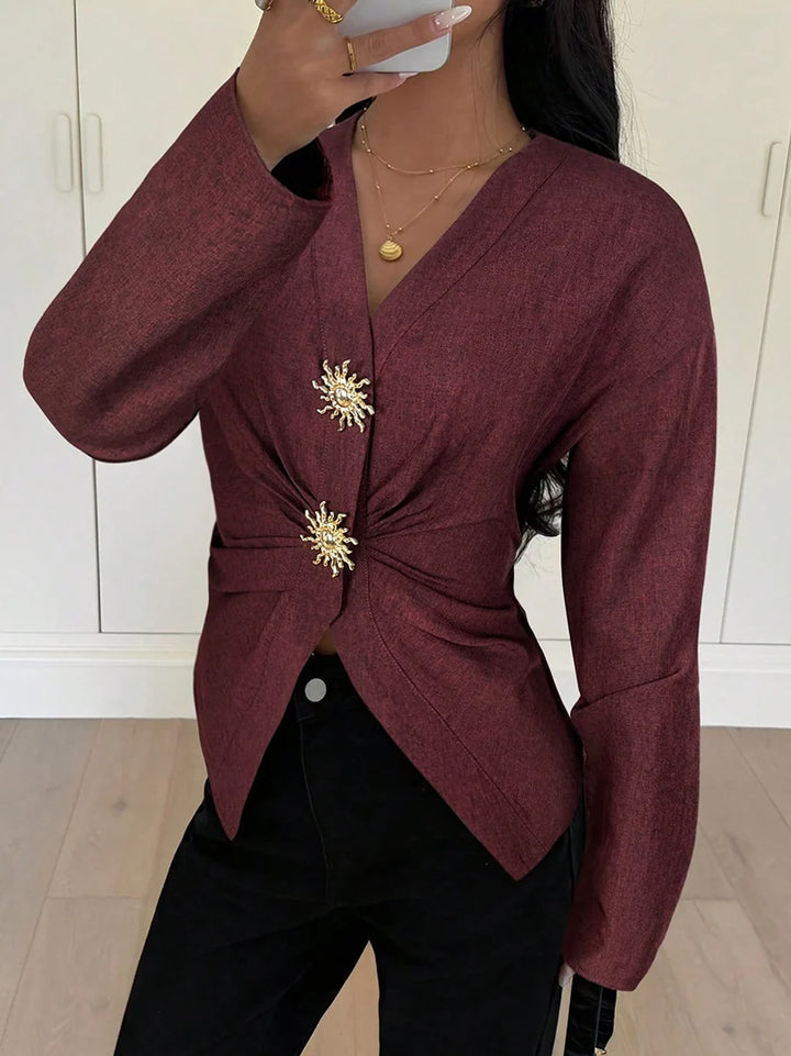 Blusa de Manga Comprida Franzida em Camadas com Gola em V