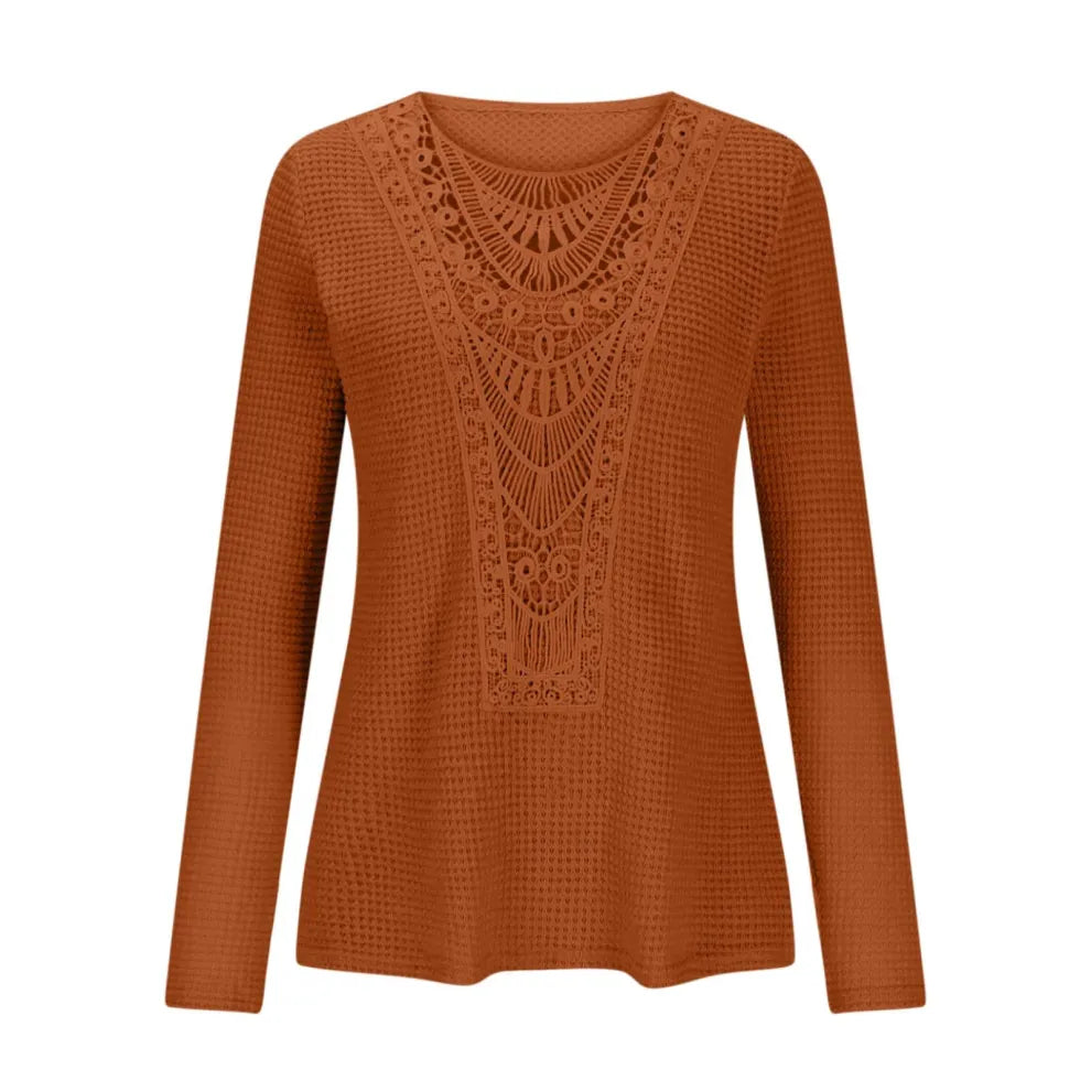 Top De Punto Gofrado Calado Con Encaje De Ganchillo Estilo Boho Para Mujer