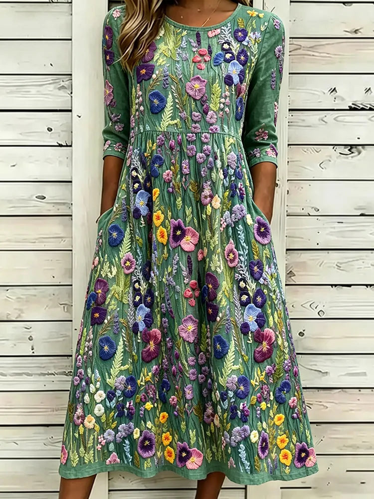 Vestido maxi de lino con bordado floral violeta elegante