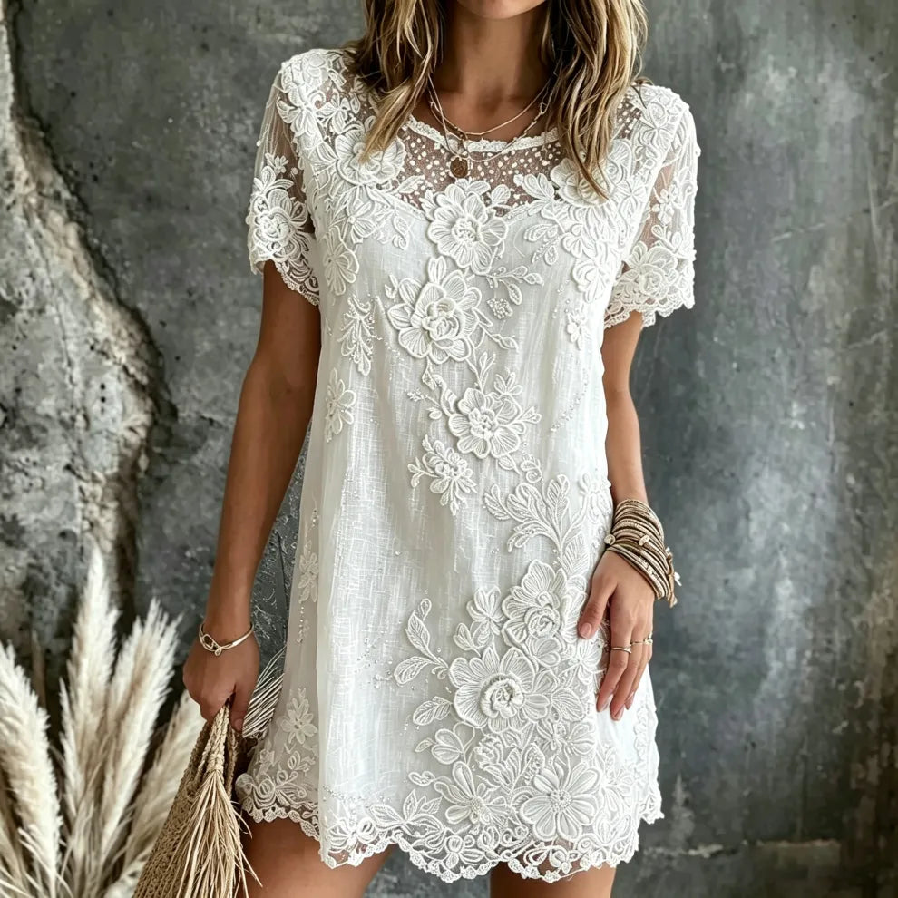 Vestido Mini De Lino Con Bordado De Rosas Artísticas Y Cuello Redondo