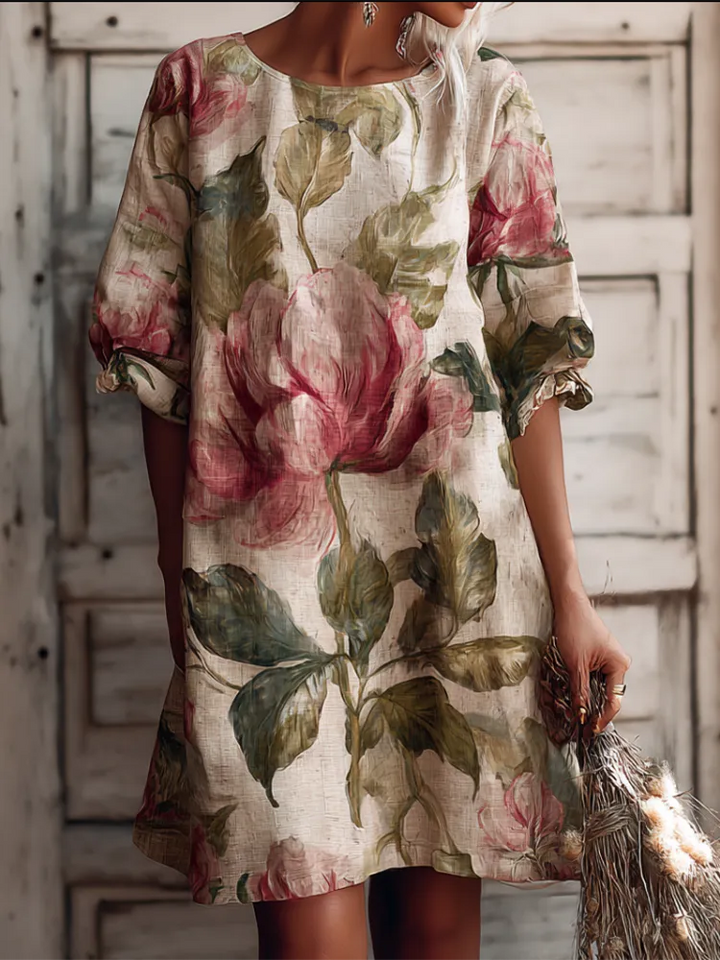 Vestido Midi Retro de Algodão e Linho com Padrão Boémio de Plantas e Flores
