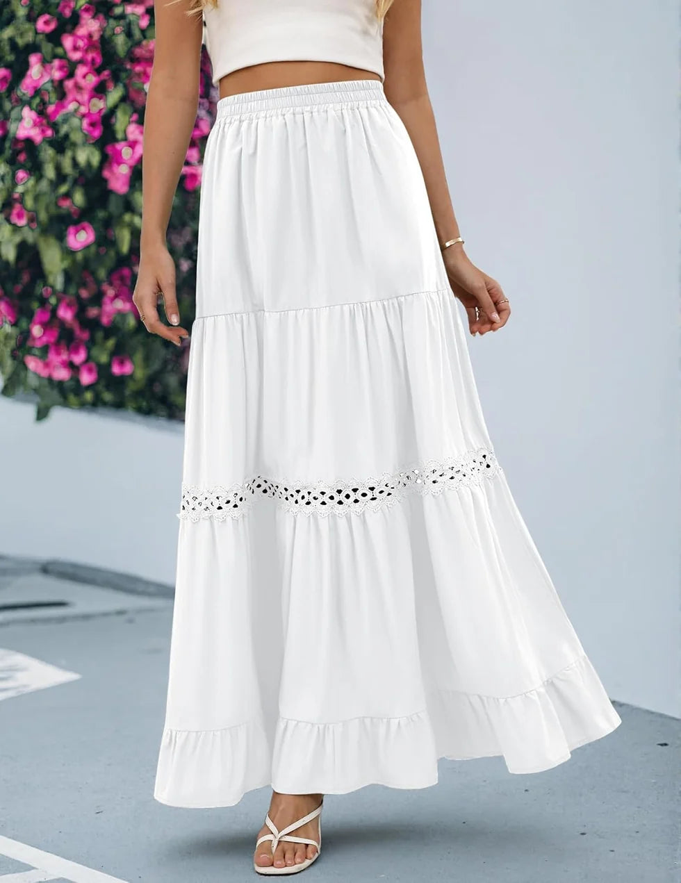EDITH | WOMEN'S BOHEMIAN COTTON MAXI SKIRT WITH CROCHET LACE AND RUFFLES