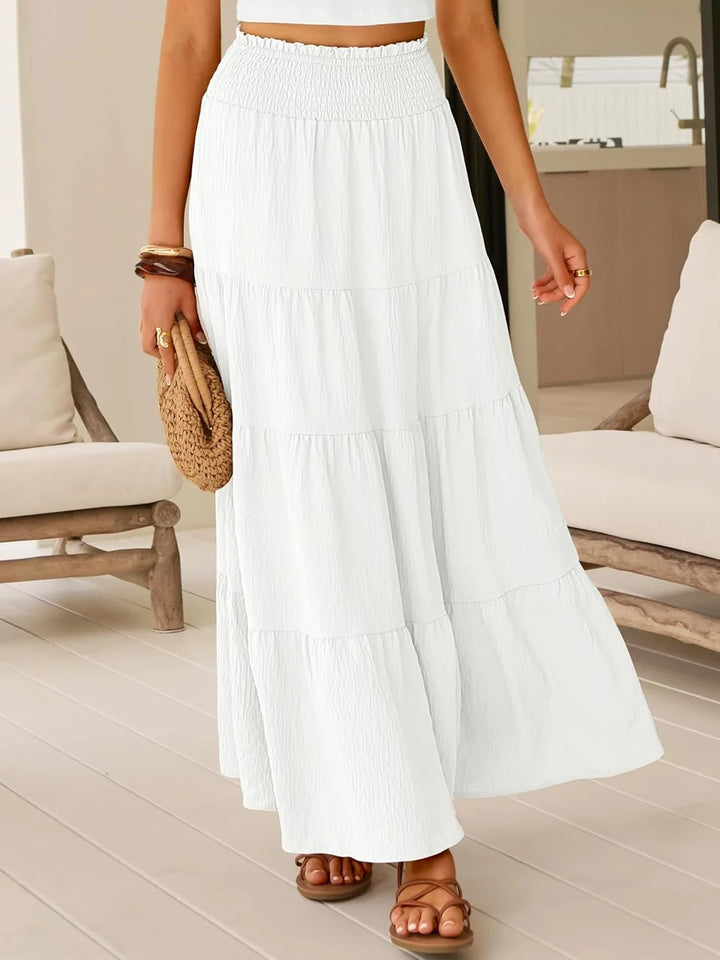 JUNA | WOMEN'S BOHEMIAN HIGH WAIST MAXI SKIRT WITH ELASTIC AND RUFFLES