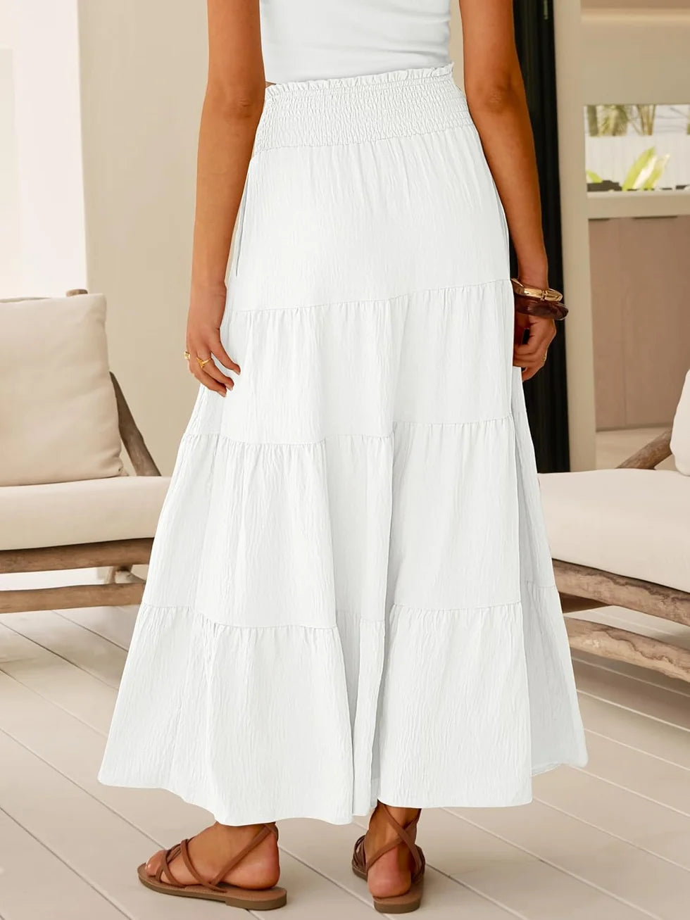 JUNA | WOMEN'S BOHEMIAN HIGH WAIST MAXI SKIRT WITH ELASTIC AND RUFFLES