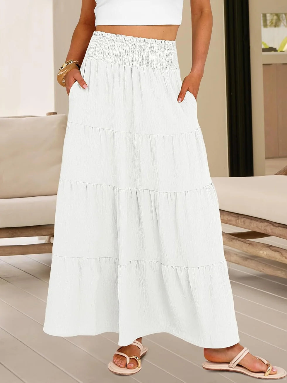 JUNA | WOMEN'S BOHEMIAN HIGH WAIST MAXI SKIRT WITH ELASTIC AND RUFFLES