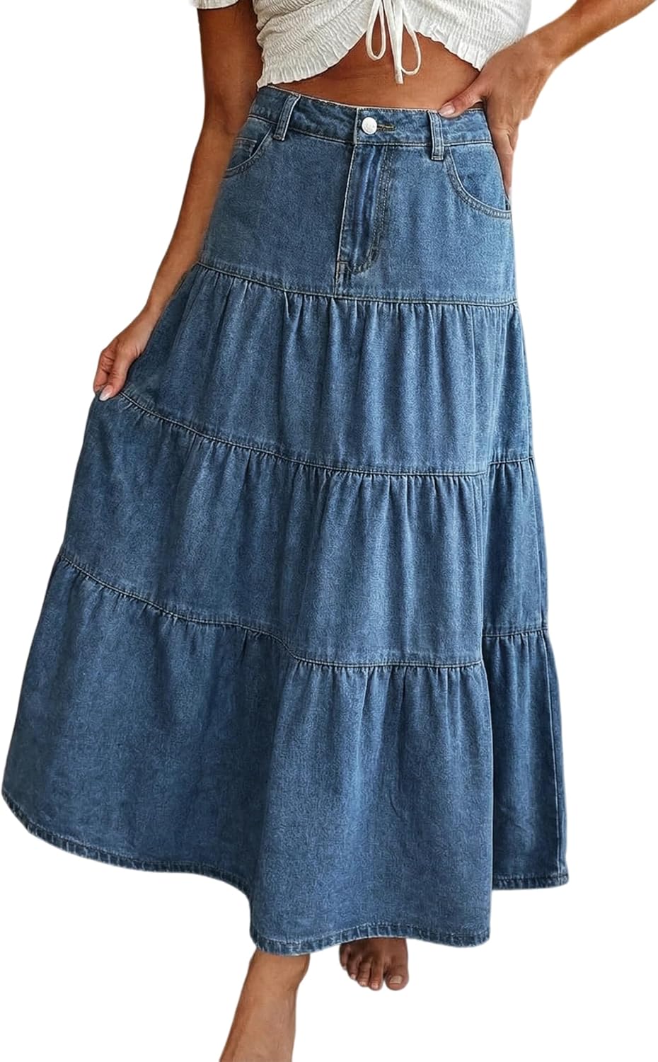 VERNA | HIGH-WAISTED DENIM MAXI SKIRT WITH RUFFLES AND POCKETS