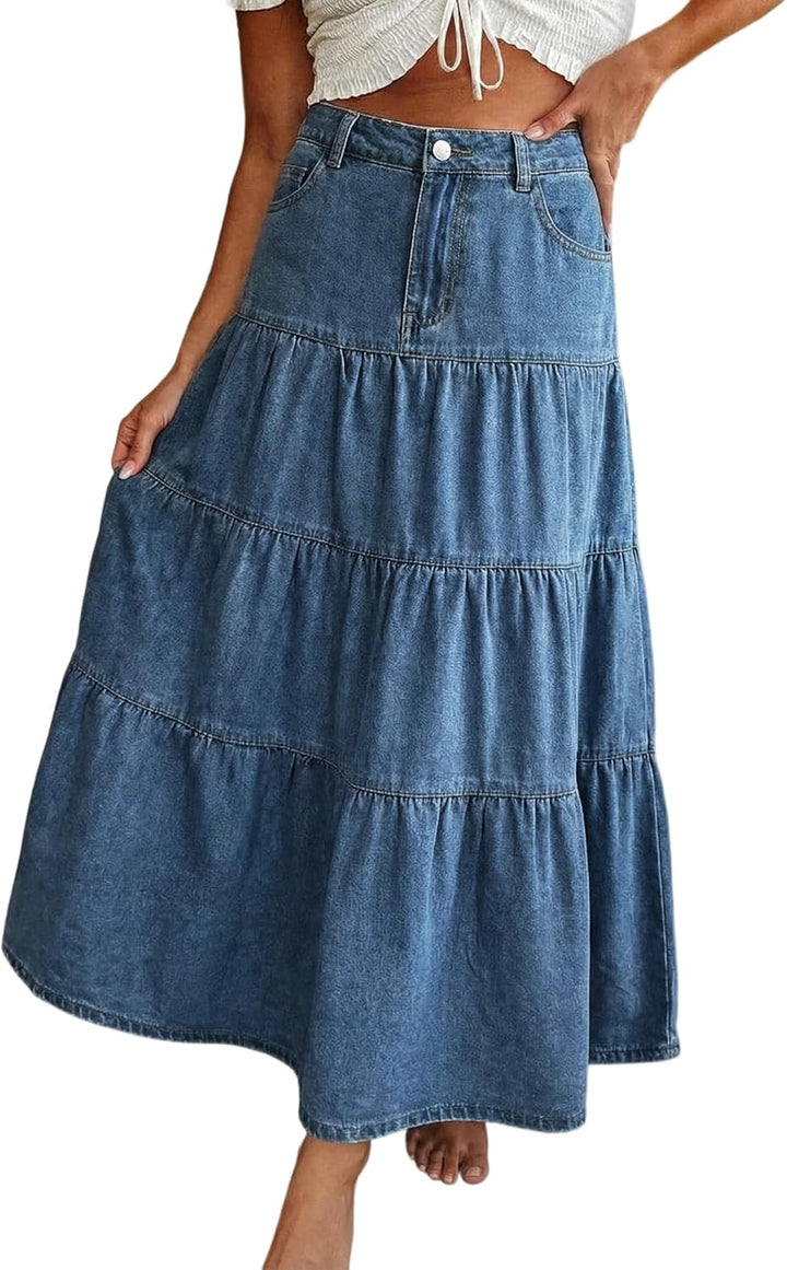 VERNA | HIGH-WAISTED DENIM MAXI SKIRT WITH RUFFLES AND POCKETS
