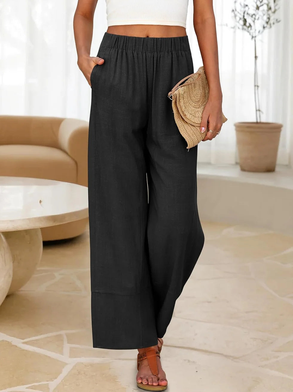 Jessica | Pantalones Palazzo Femeninos – Lino Ancho Con Cintura Elástica Y Bolsillos Bohemios