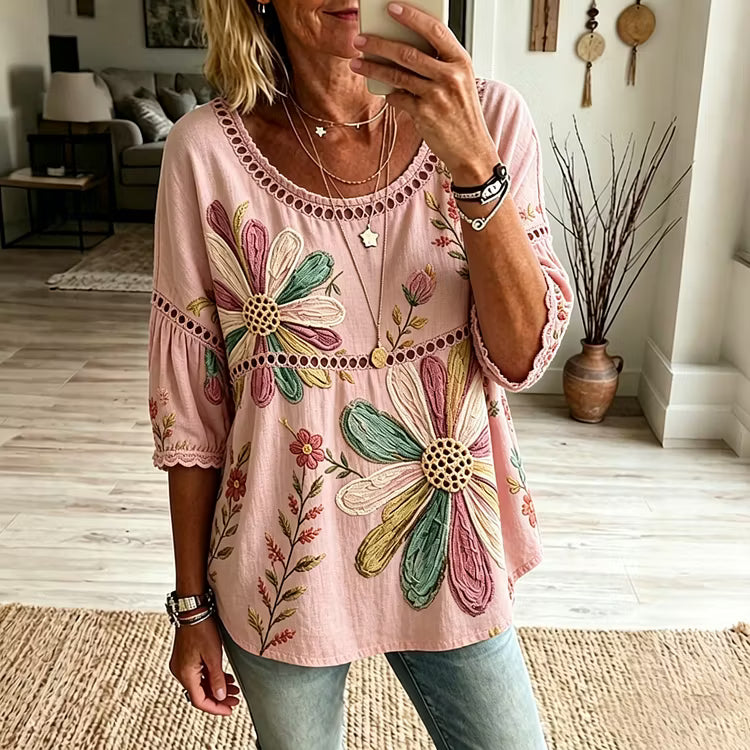 Blusa Informal Manga Media Con Estampado Floral Retro En Algodón