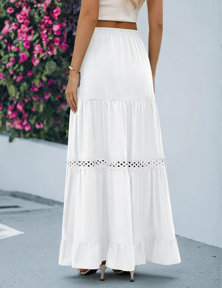 EDITH | WOMEN'S BOHEMIAN COTTON MAXI SKIRT WITH CROCHET LACE AND RUFFLES