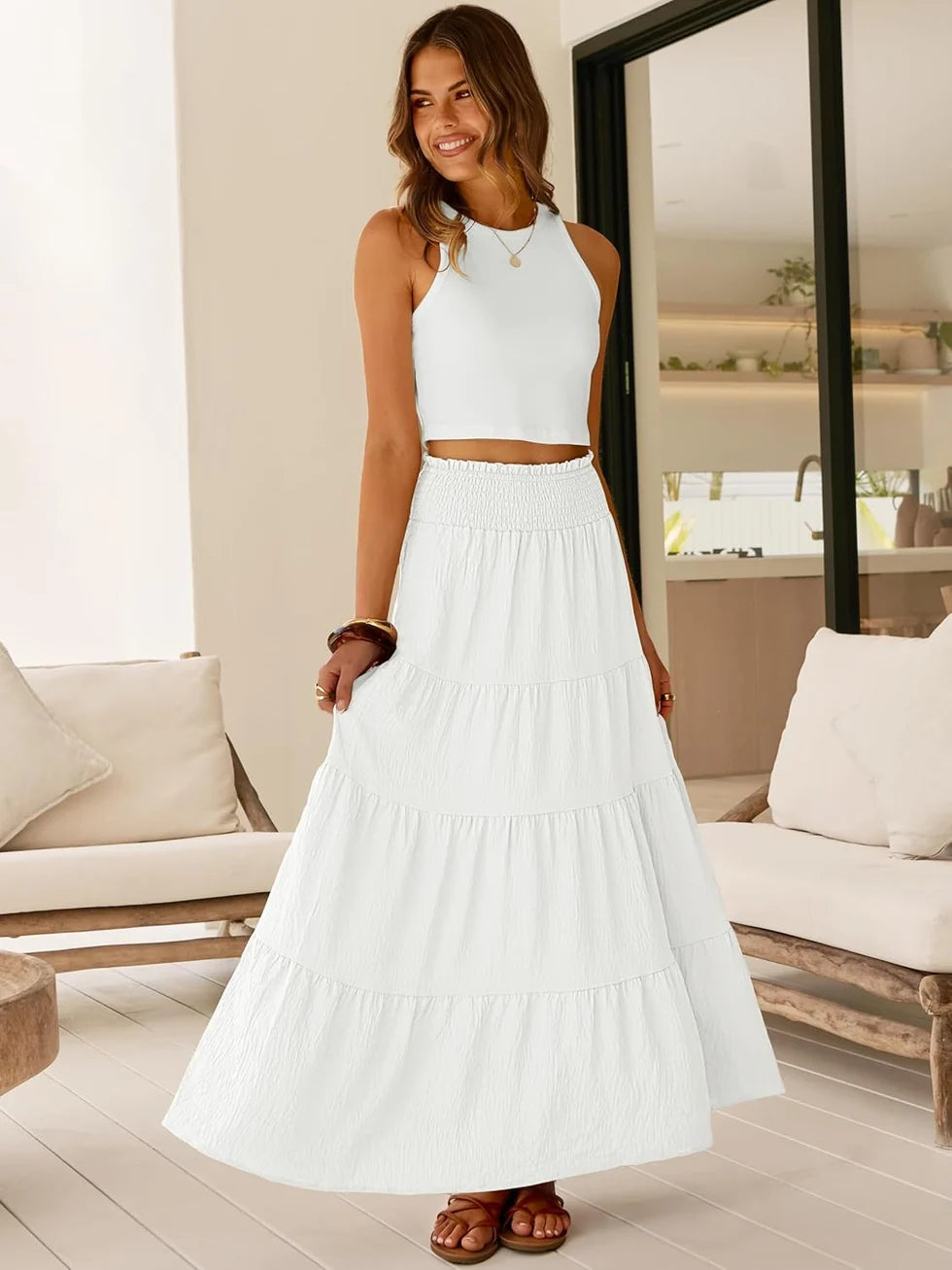 JUNA | WOMEN'S BOHEMIAN HIGH WAIST MAXI SKIRT WITH ELASTIC AND RUFFLES