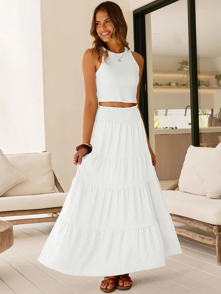 JUNA | WOMEN'S BOHEMIAN HIGH WAIST MAXI SKIRT WITH ELASTIC AND RUFFLES