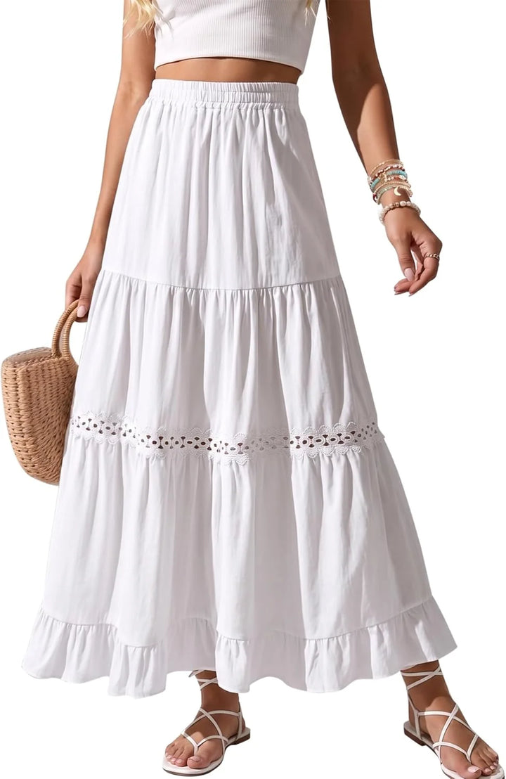 EDITH | WOMEN'S BOHEMIAN COTTON MAXI SKIRT WITH CROCHET LACE AND RUFFLES