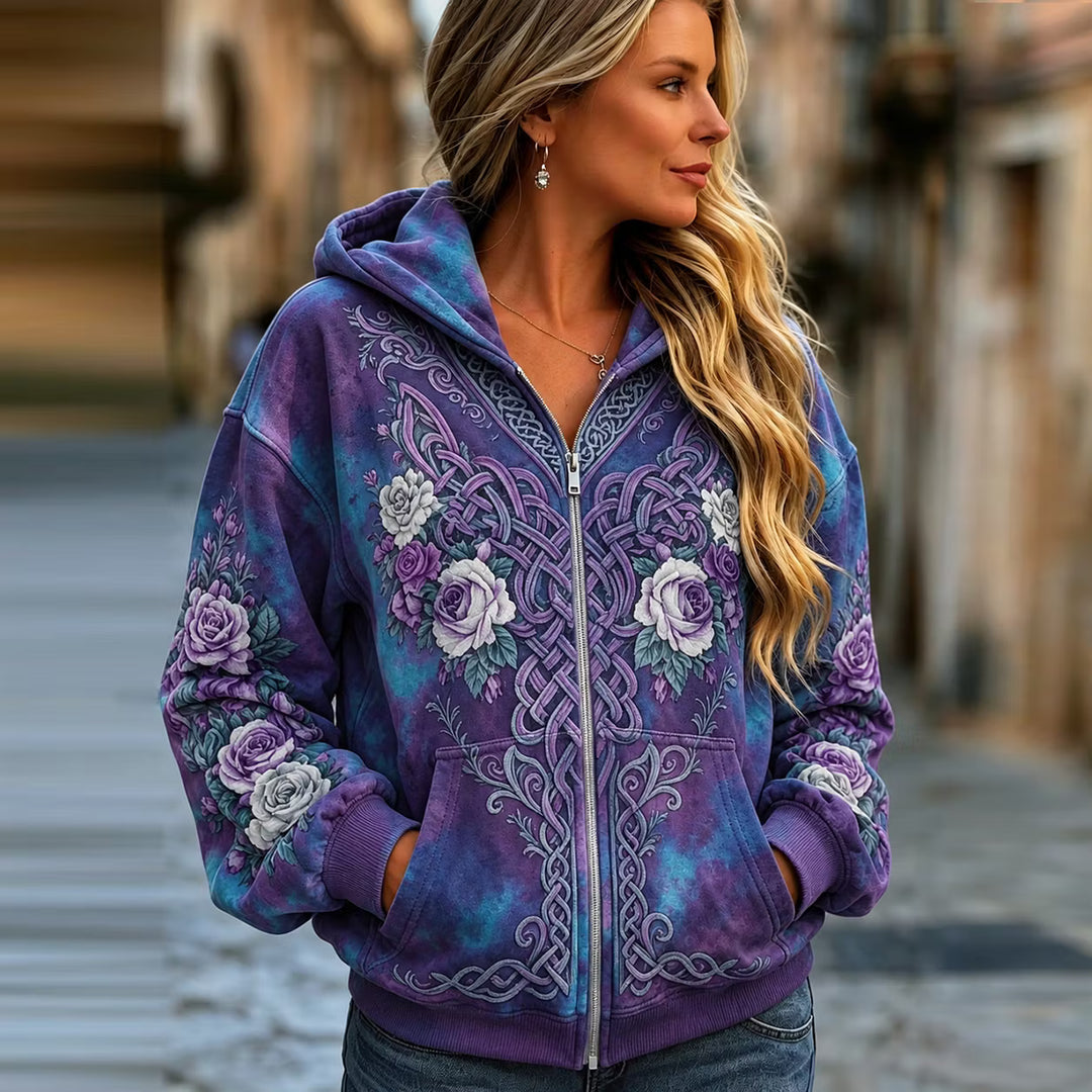 Sudadera Con Capucha Y Cremallera Vintage - Estampado Vikingo Nudo Celta Y Rosa