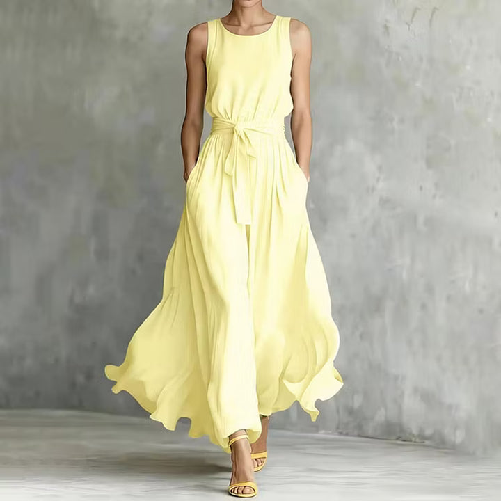 Vestido Maxi Elegante Sin Mangas Con Cuello Redondo Color Sólido Y Cintura Ajustada Con Cordones