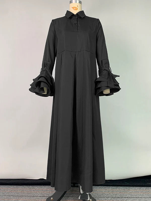 Vestido Maxi Camisero Plisado Manga Larga Con Solapa
