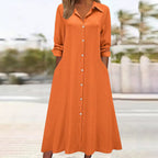 Vestido camisa femenino retro de color sólido con cuello, mangas largas y bolsillos
