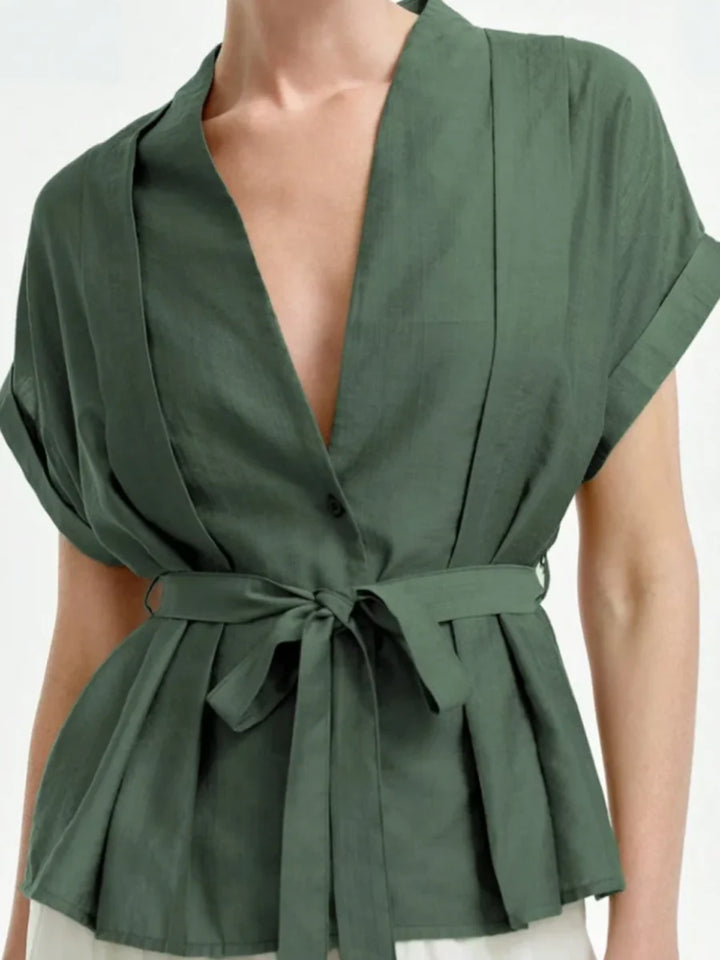 Blusa Solta De Manga Curta Com Botões, Cintura Atada E Decote Em V Em Cor Sólida