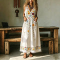 Vestido largo boho retro sin mangas con encaje floral de algodón y lino