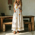 Vestido largo boho retro sin mangas con encaje floral de algodón y lino