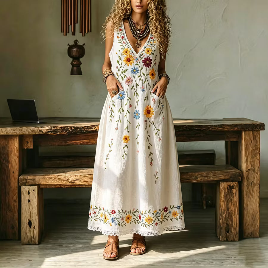 Vestido largo boho retro sin mangas con encaje floral de algodón y lino