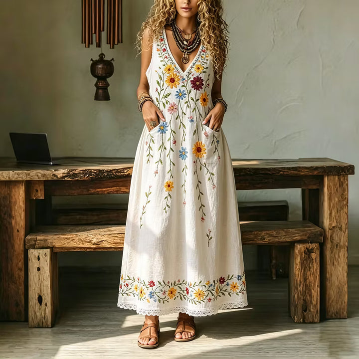 Vestido Comprido Boho Retro Sem Mangas Com Renda Floral De Algodão E Linho