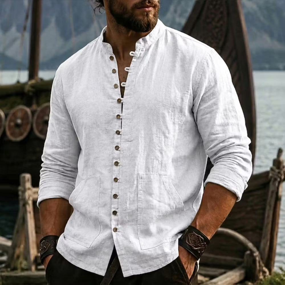 Camisa Casual Transpirable Hombre Cuello Mao Con Bolsillos