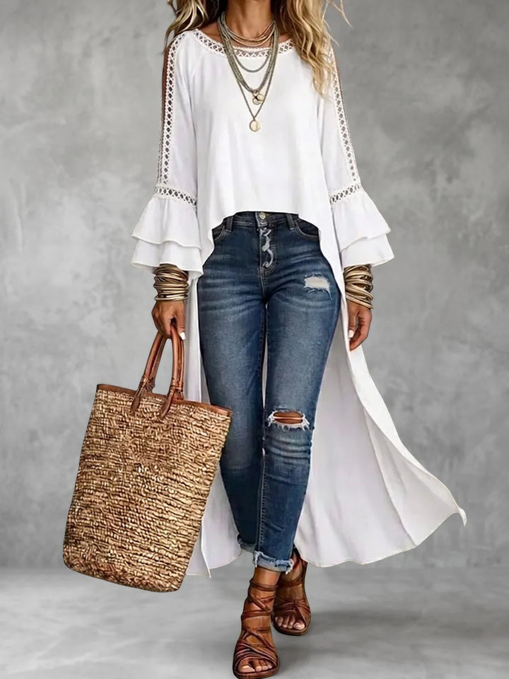 Blusa Color Sólido Manga Larga Con Volantes Calados Y Cuello Redondo