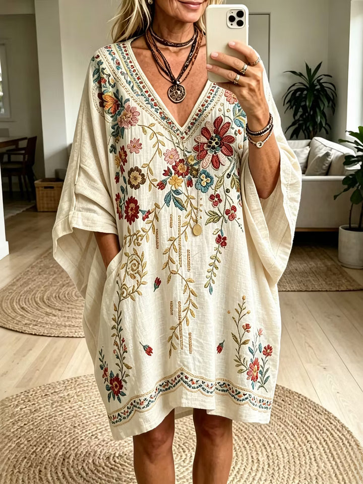Vestido Retro Floral Solto Com Decote Em V E Manga Curta