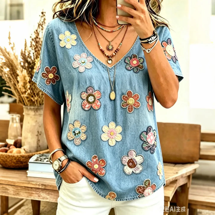 Top Fluido Boho Vintage Com Estampado Floral Artístico De Linho