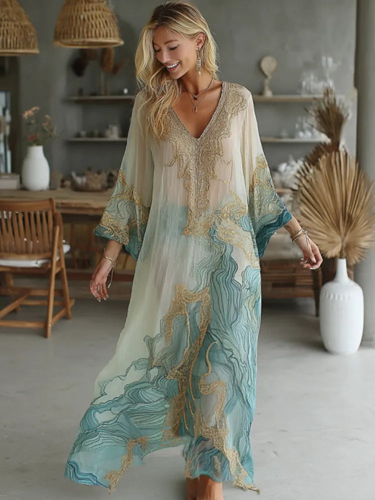 - VESTIDO MAXI LINO MÁRMOL DEGRADADO DORADO BOHO