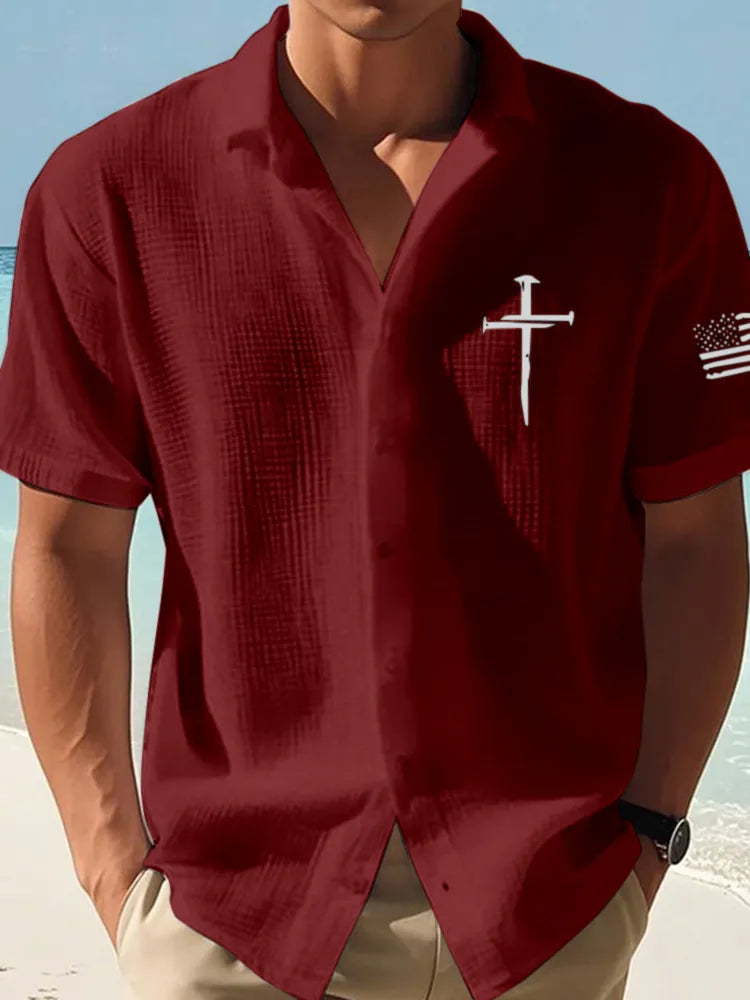 Camisa de lino de manga corta con estampado de cruz fe