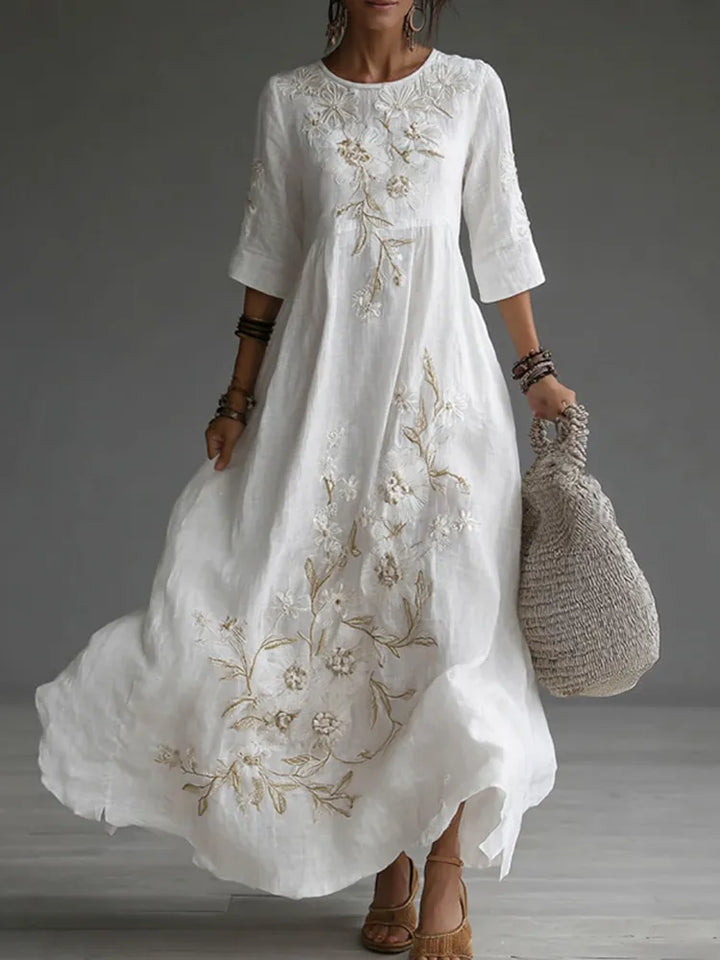 Vestido Maxi de Linho Casual com Bordado Floral Japonês
