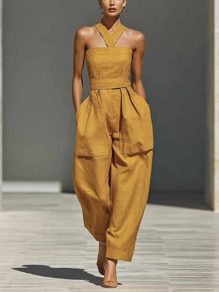 Mono De Lino Con Escote Cruzado Y Pantalon Ancho