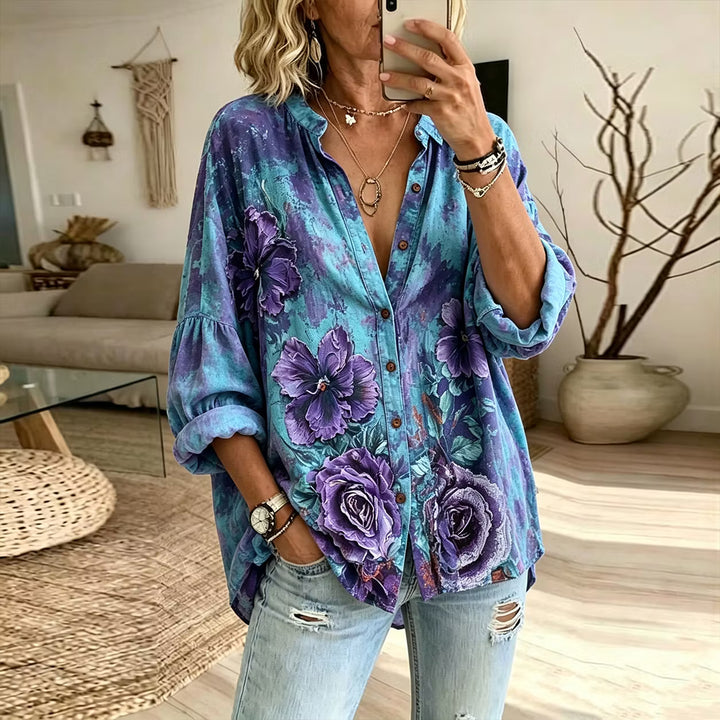 Camisa Casual Vintage - Estampado Pintura Al Óleo Rosa Morada Cuello Mao Botones Manga Larga