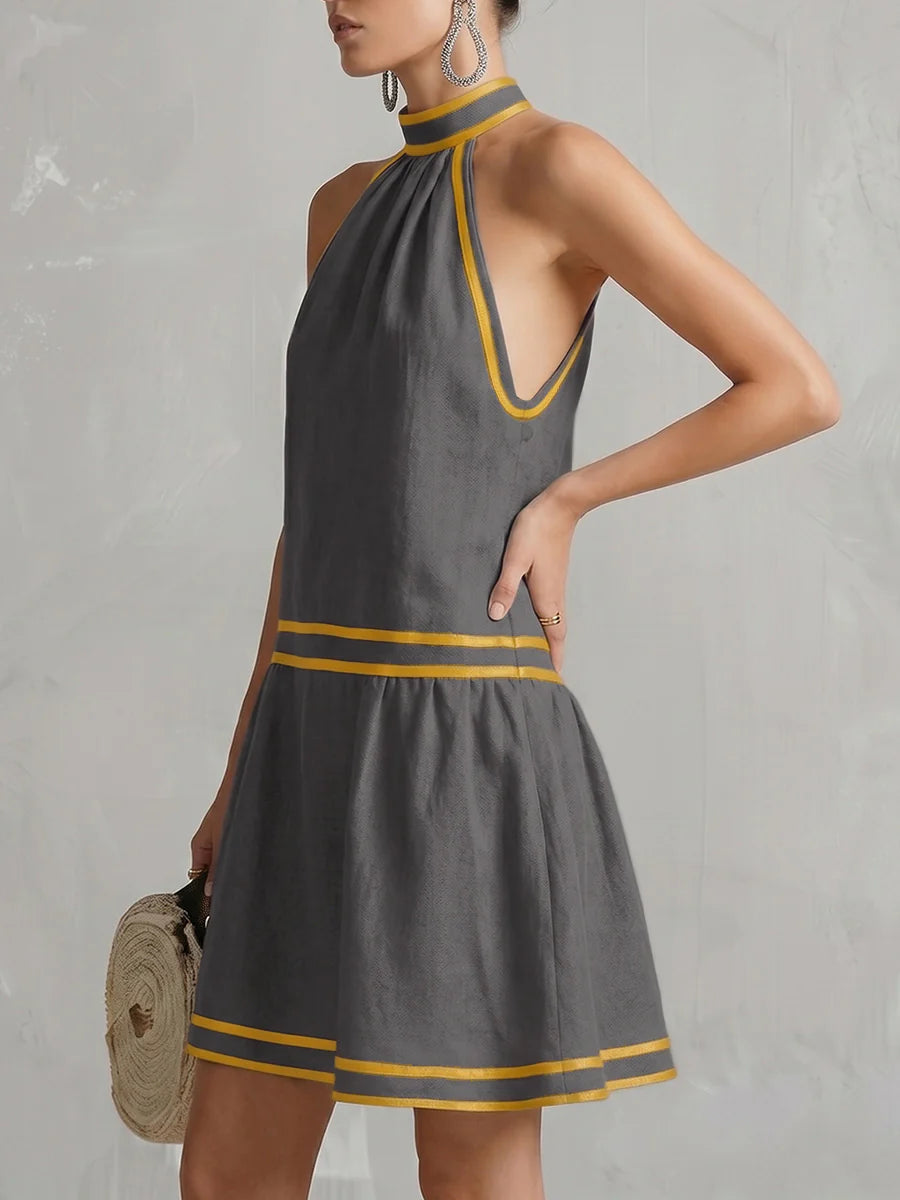 Vestido Mini Corte A Sin Mangas Halter Cremallera Bolsillos Color Contrastante