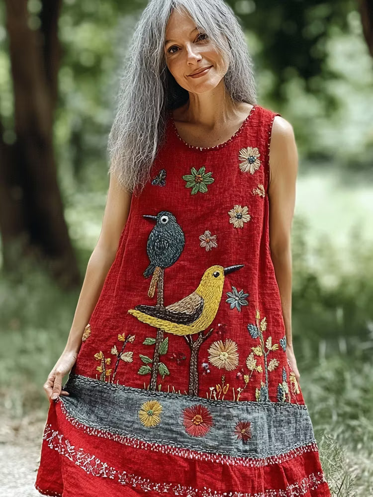 VESTIDO FEMENINO CON BORDADO DE FLORES Y PÁJAROS ESTILO FOLCLÓRICO