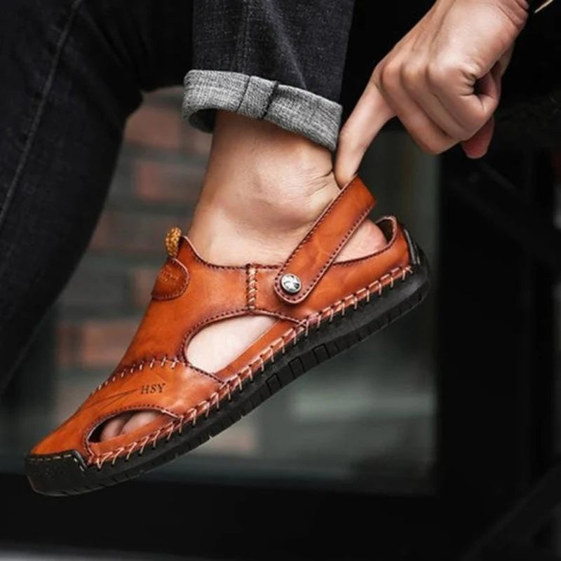 Sandalias De Cuero Para Hombre Con Diseño Calado Y Tira Ajustable – Zapatos De Verano