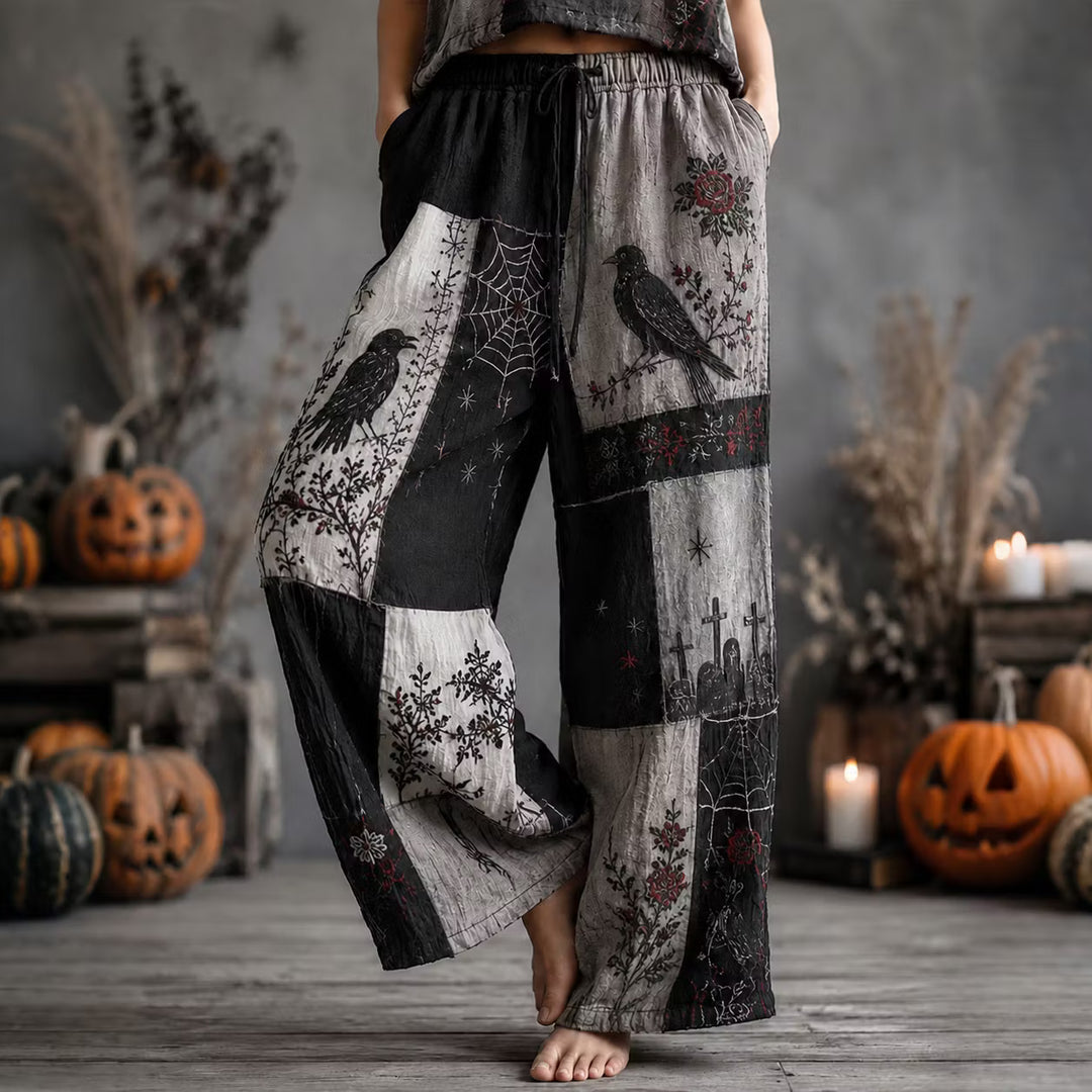 Halloween Color Block Long Pants - Pink, Crow, and Spiderweb Print