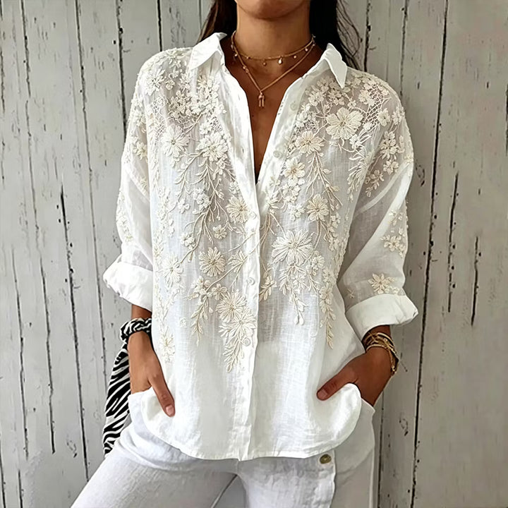 Women's Casual Long-Sleeve Linen Shirt with White Floral Embroidery
