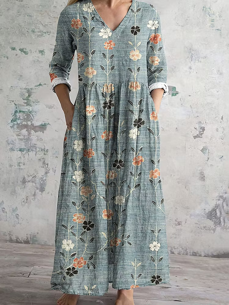 VESTIDO FEMENINO DE LINO CON ESTAMPADO FLORAL VINTAGE