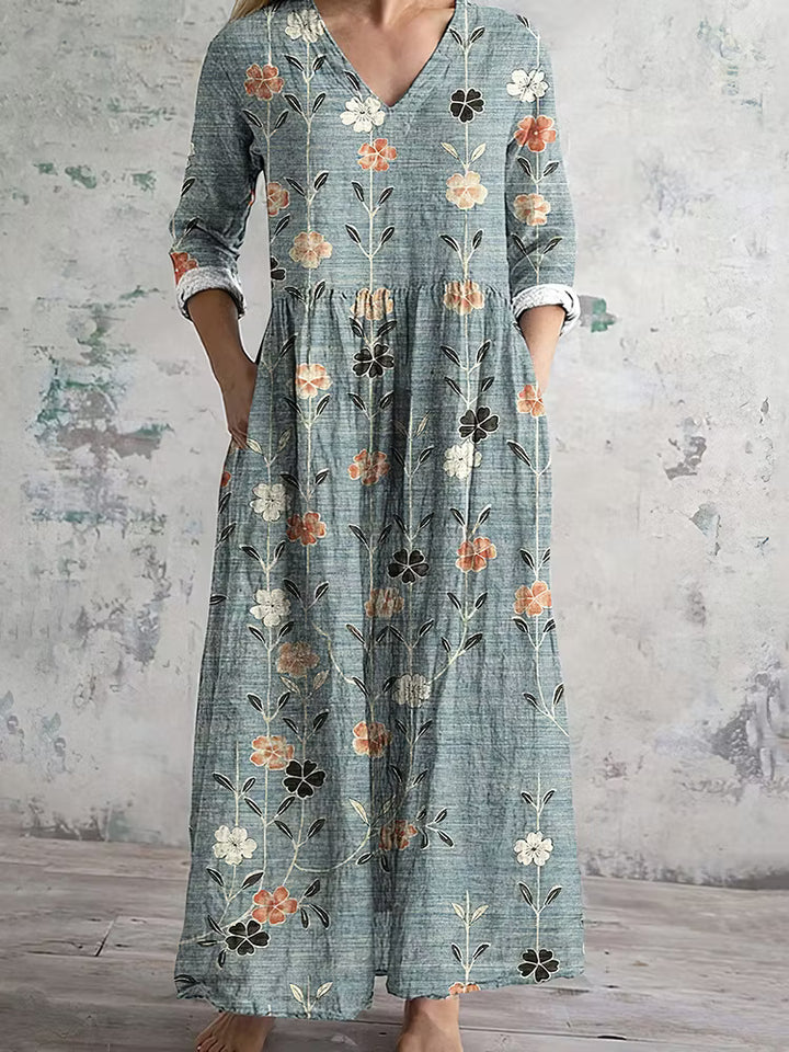 VESTIDO FEMENINO DE LINO CON ESTAMPADO FLORAL VINTAGE