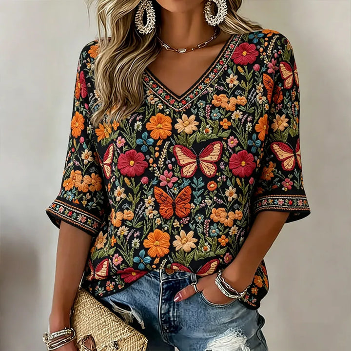 Camiseta Vintage Con Bordado Floral Y Mariposas Cuello V Manga 3/4