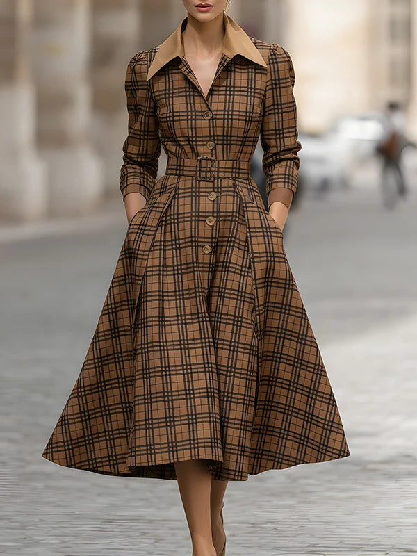 Vestido Midi Xadrez Com Lapela, Cinto, Bolsos Plissados E Manga Três Quartos