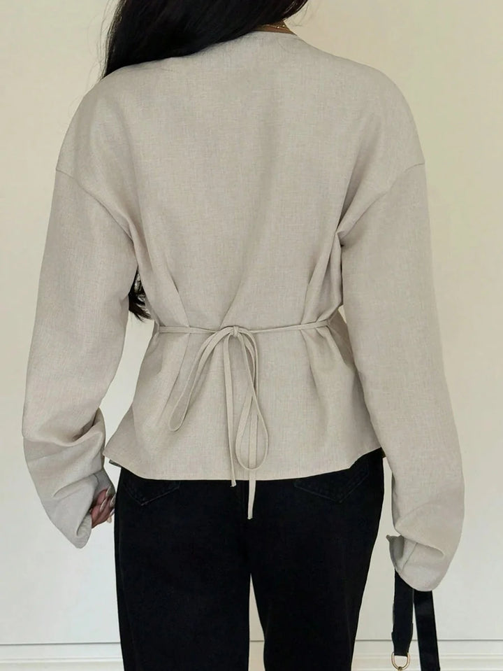 Blusa de Manga Comprida Franzida em Camadas com Gola em V