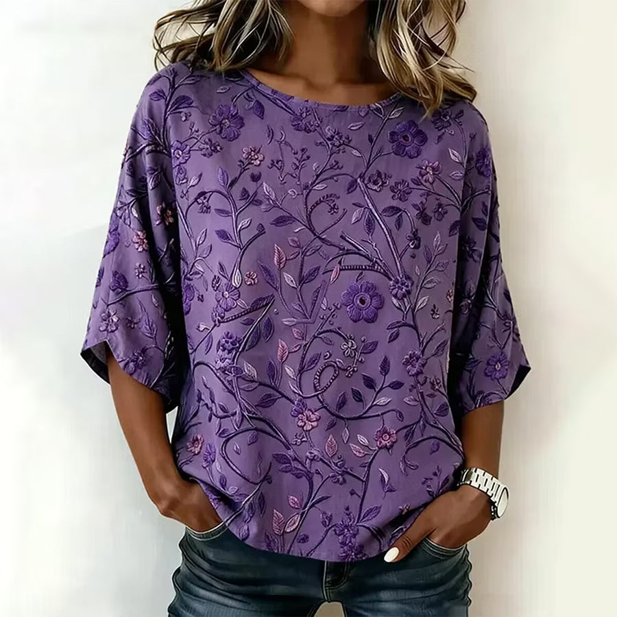 Camiseta vintage de mezcla de lino con bordado floral artístico
