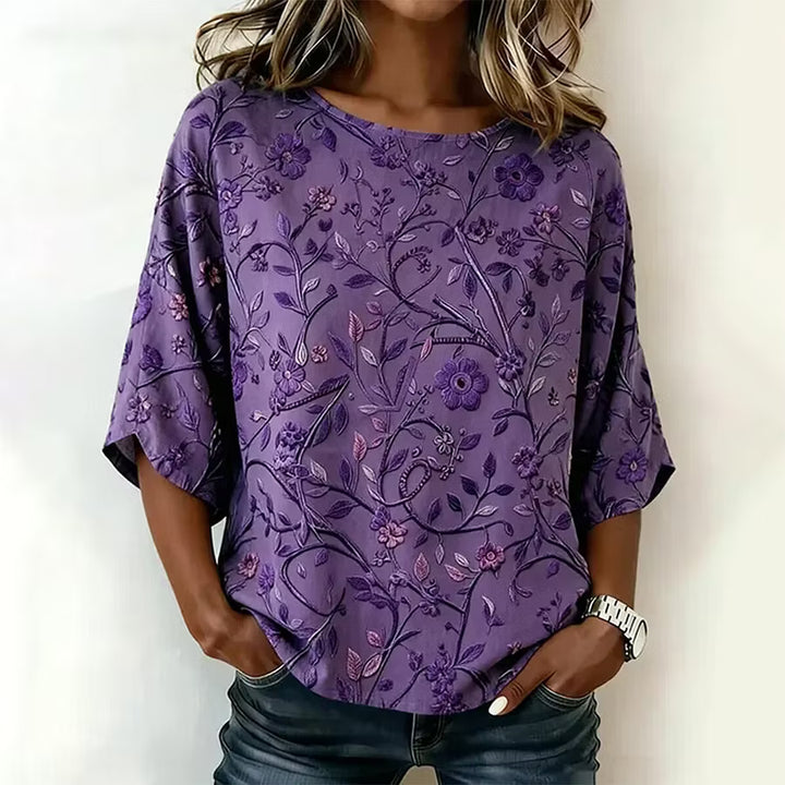 Camiseta Vintage De Mezcla De Lino Con Bordado Floral Artístico